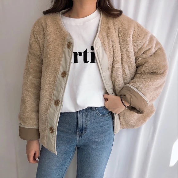 Coat jacket reversible cozy khaki beige tan pocket quilted puffer pocket women - Picture 12 of 15